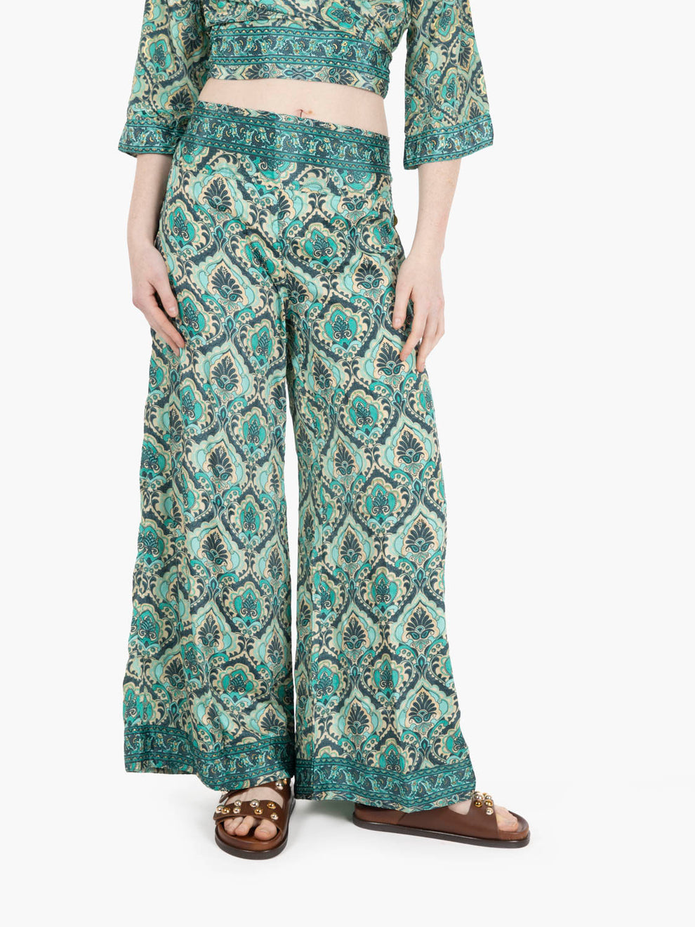 Green patterned silk trousers