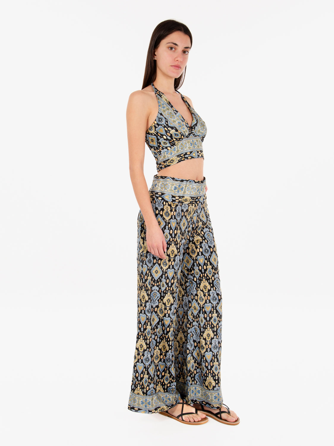 Blue/Black/Gold Print Halter Neck Top