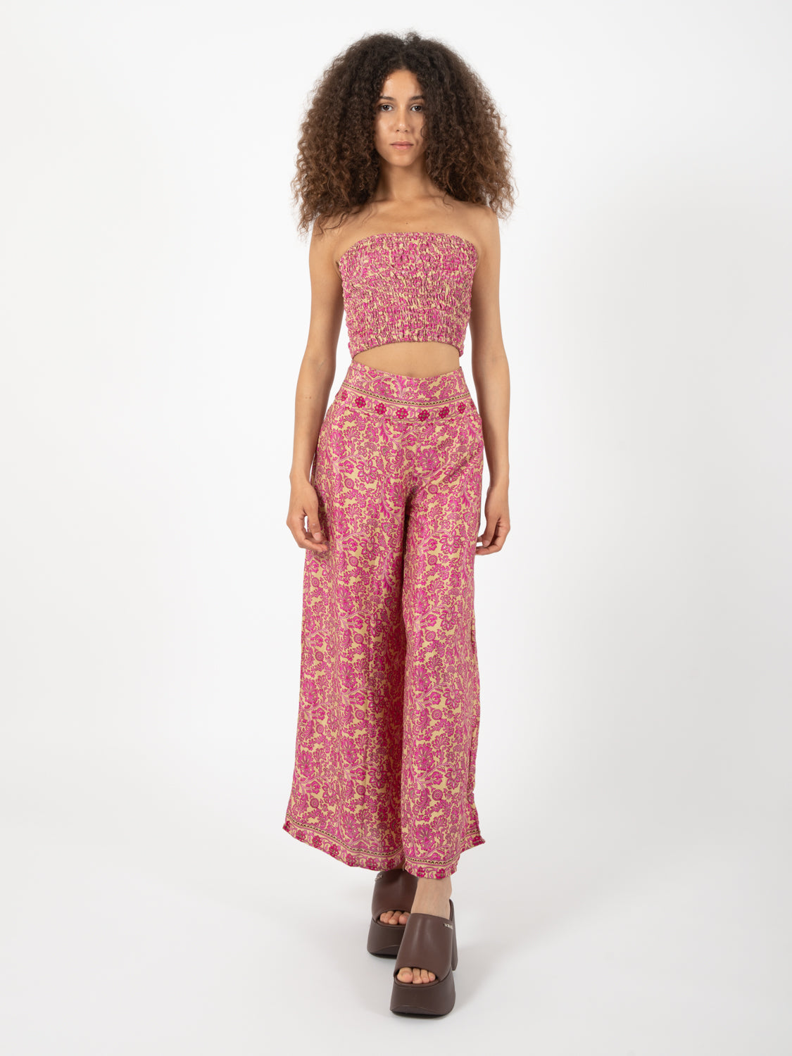 Fuchsia/gold floral print silk elastic top