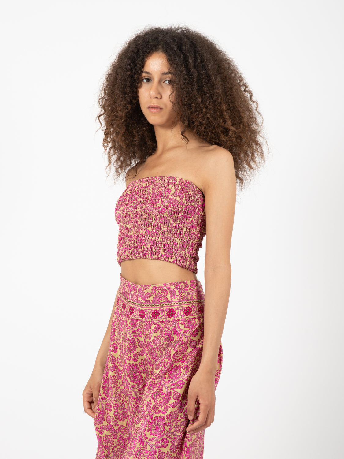 Fuchsia/gold floral print silk elastic top