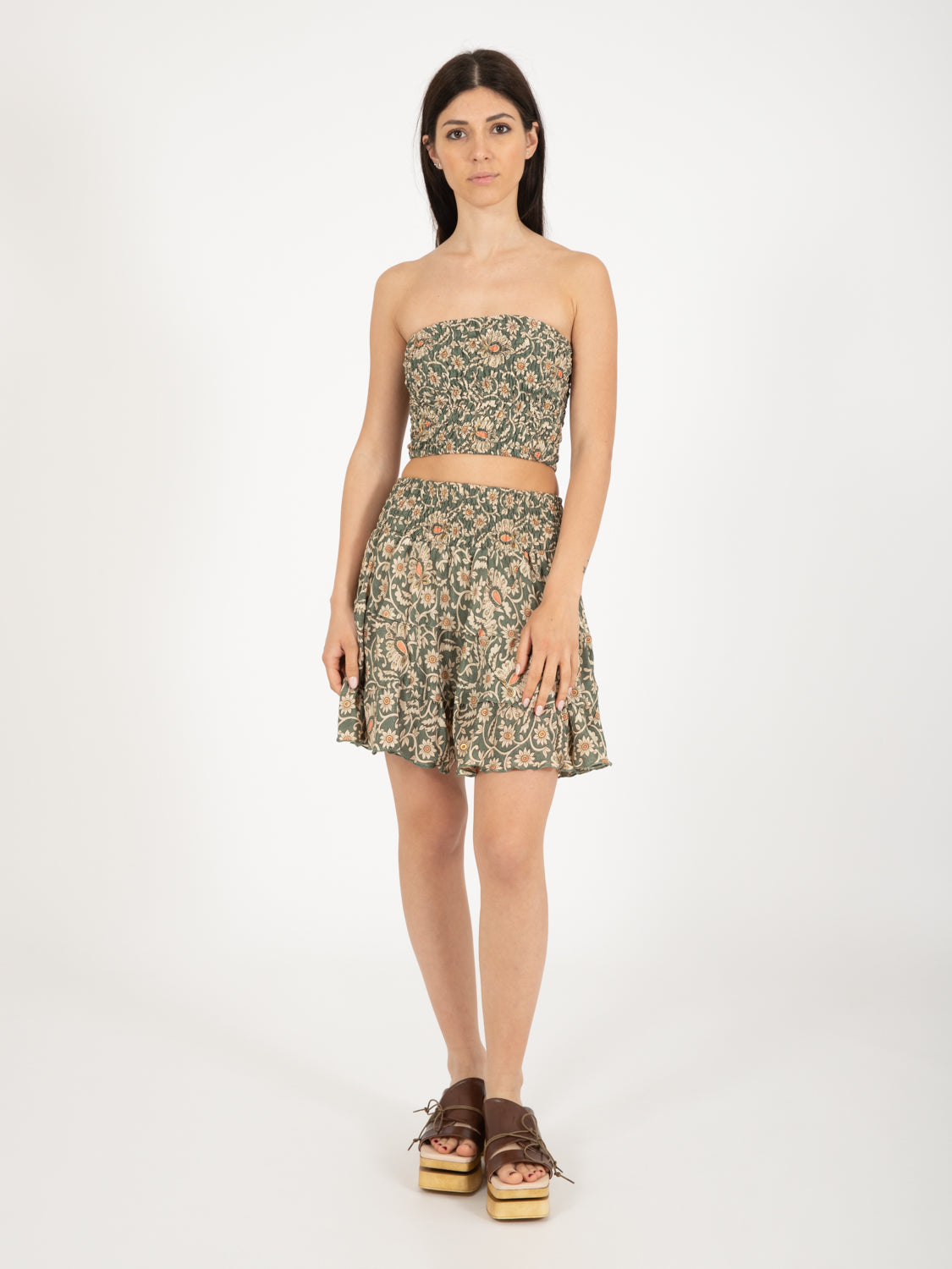 Green/gold floral print silk elastic top