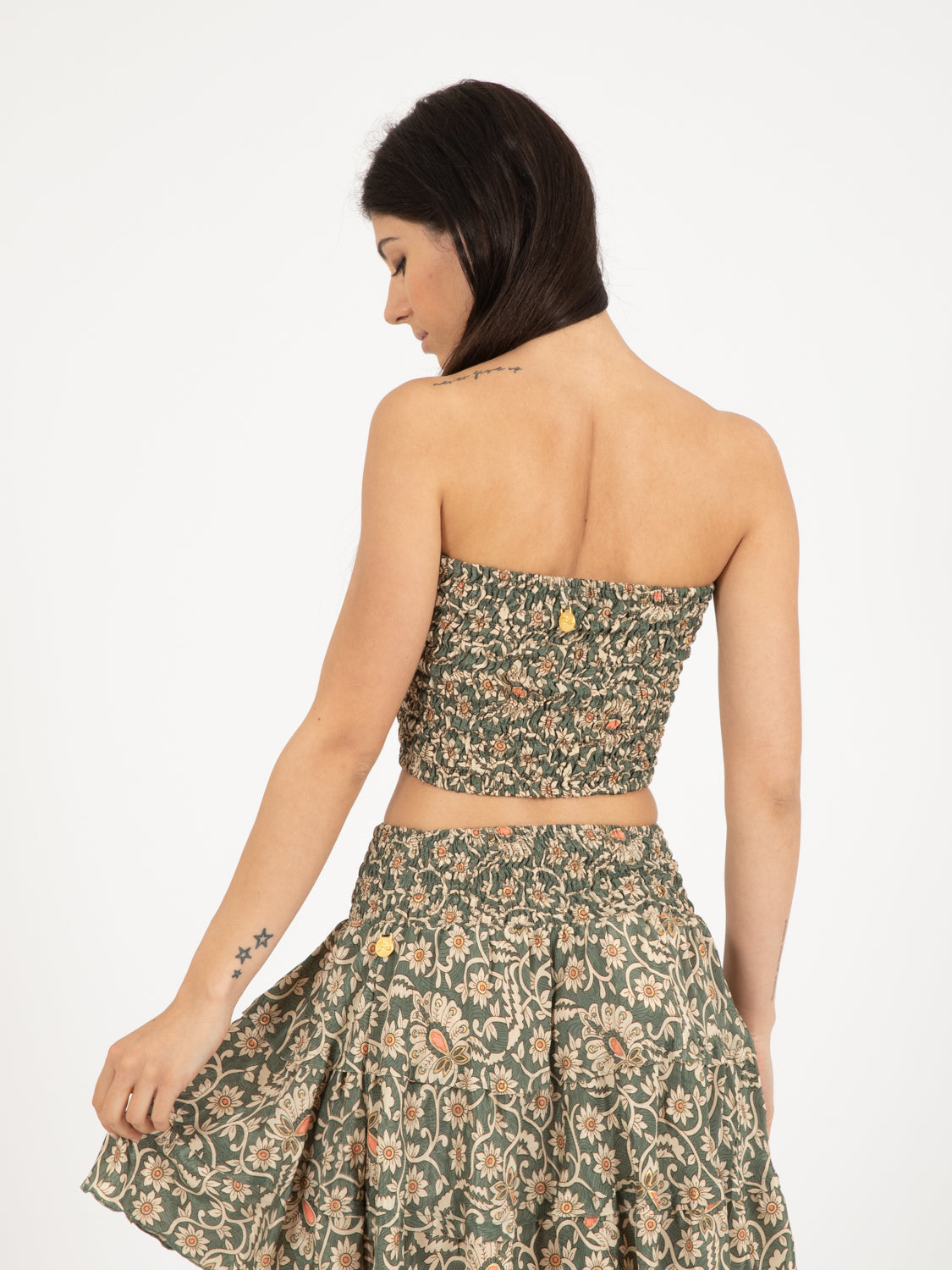 Green/gold floral print silk elastic top