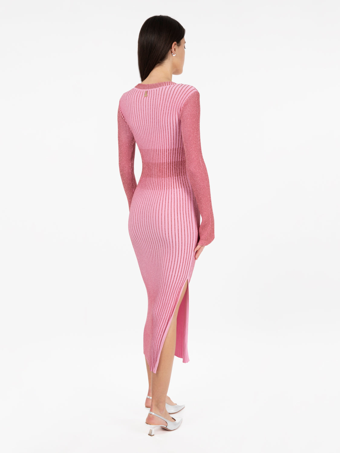 Pink two-tone lurex ribbed midi dress