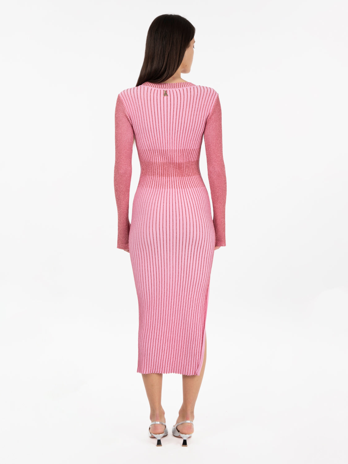 Pink two-tone lurex ribbed midi dress