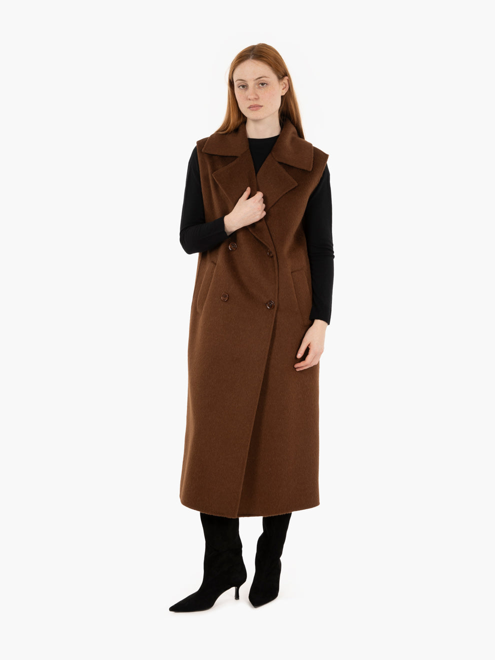 Cappotto smanicato in lana e alpaca brown
