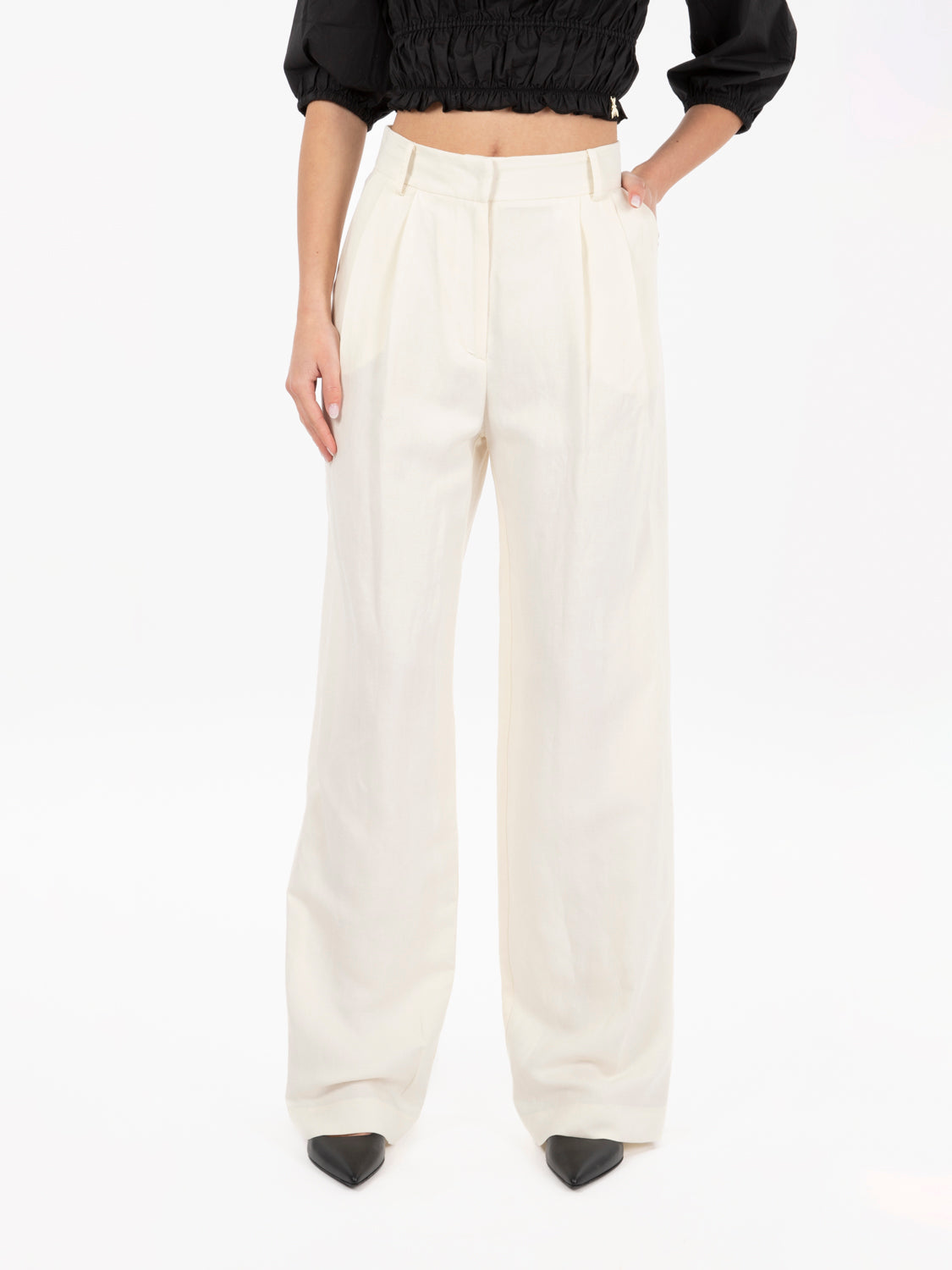 Raw white palazzo linen trousers