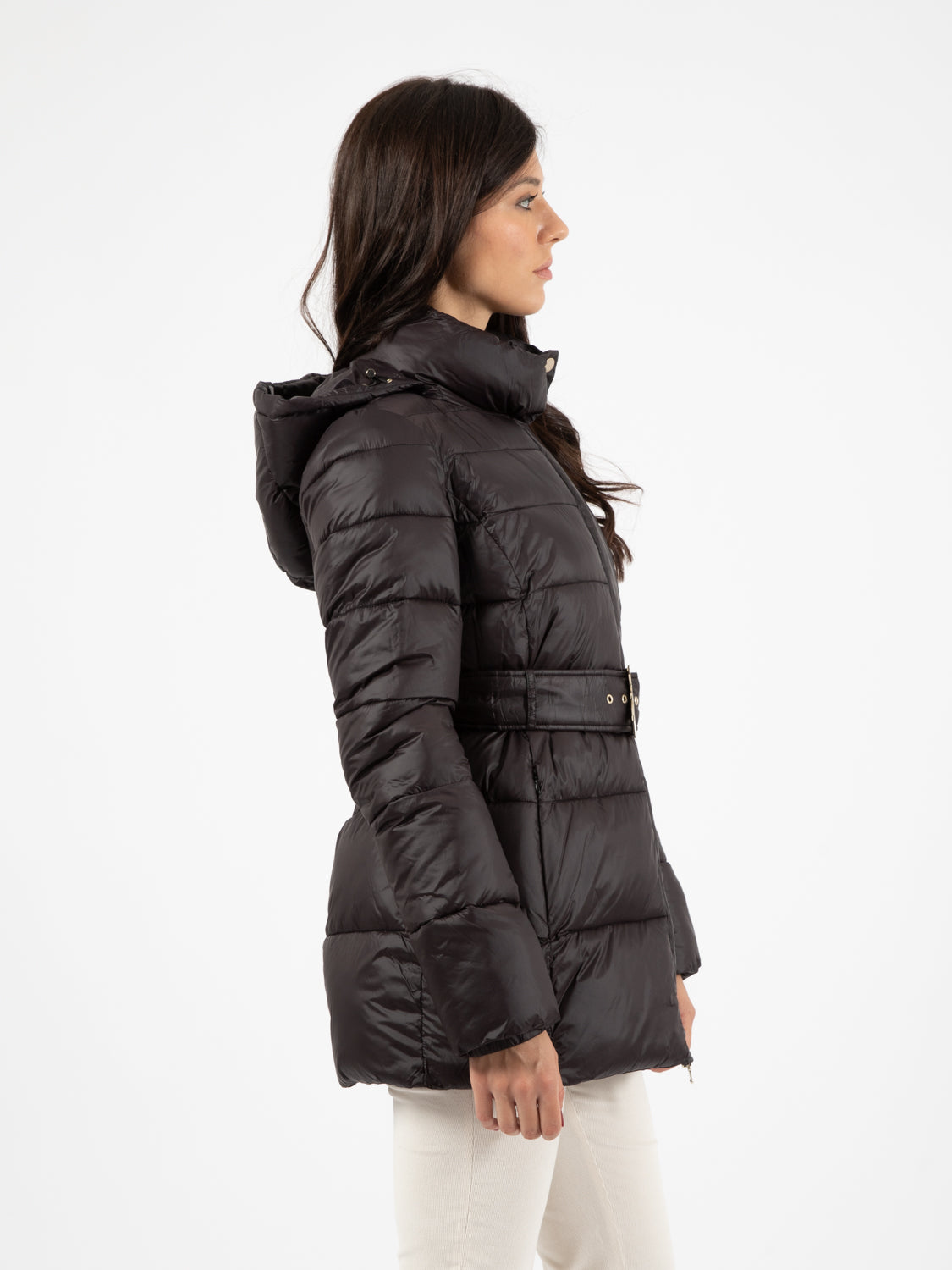 Black down jacket with hood and belt