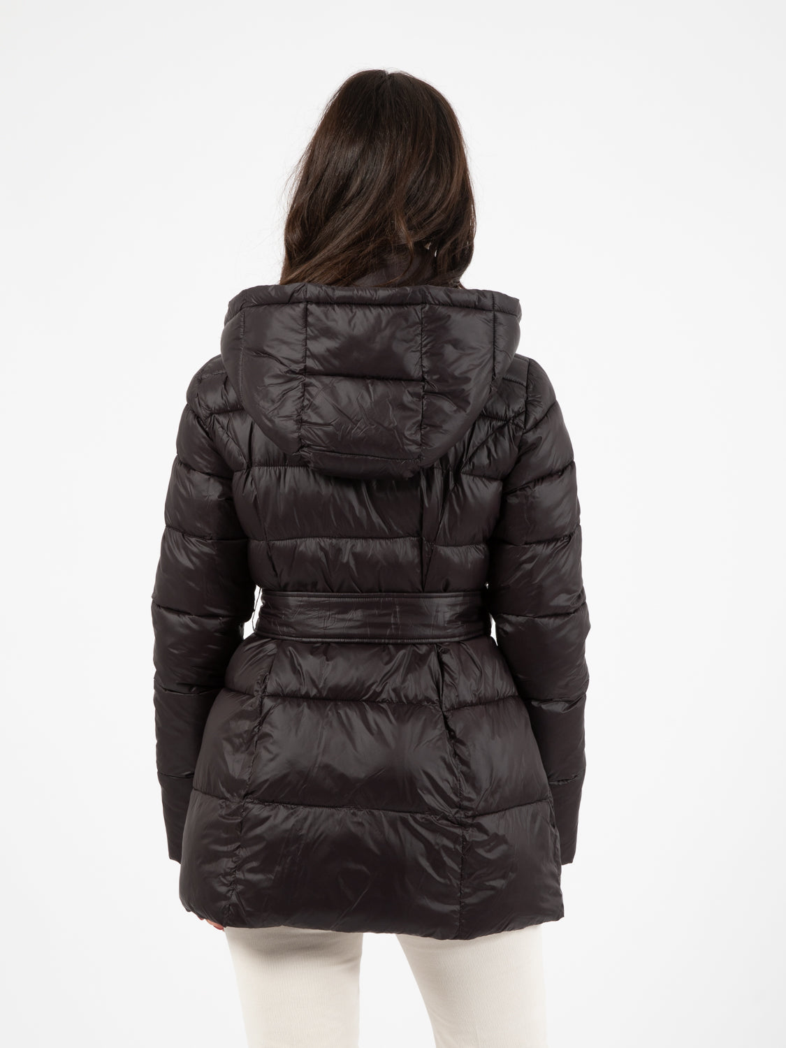 Black down jacket with hood and belt