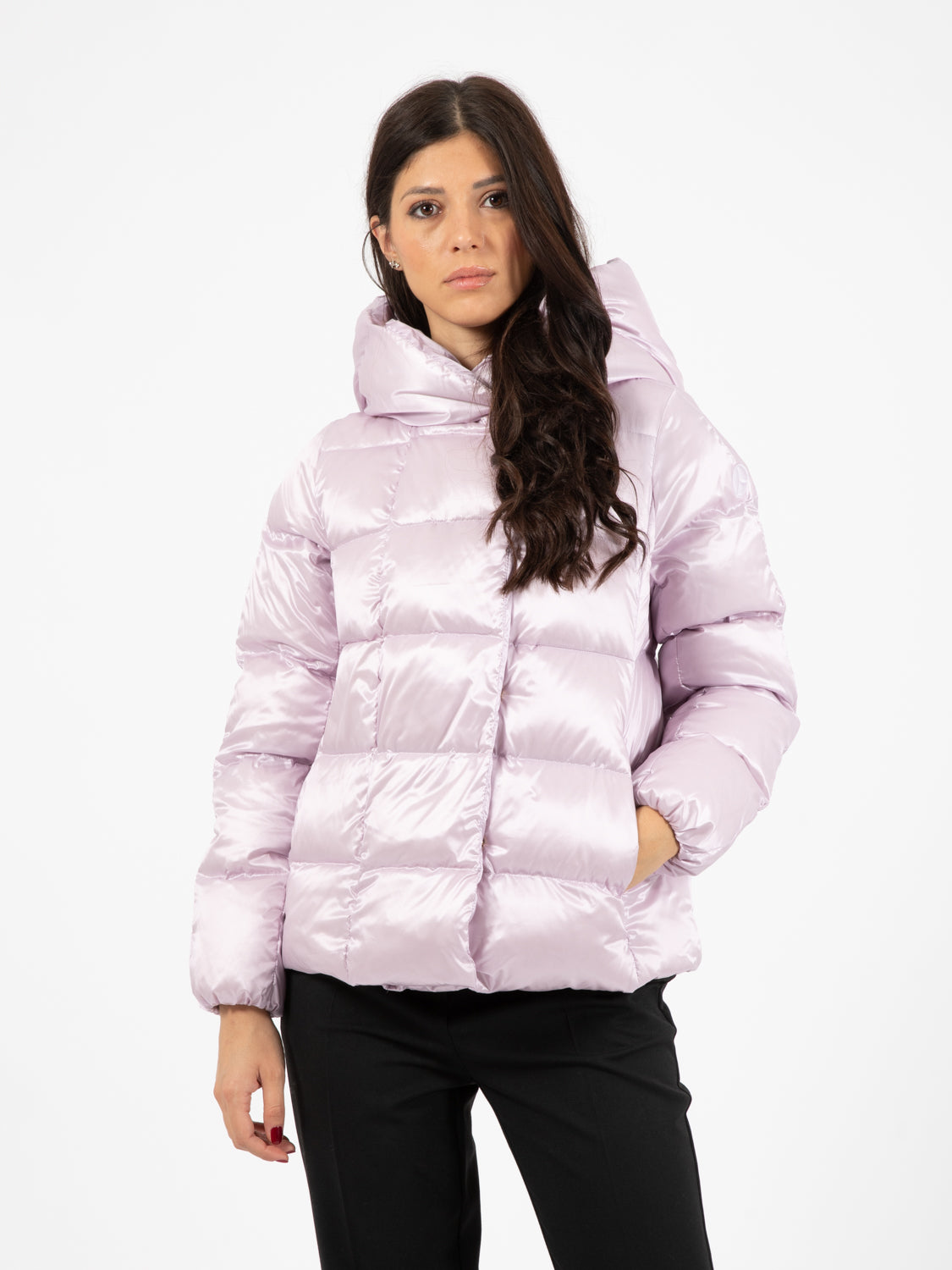 Short down jacket with lilac hood