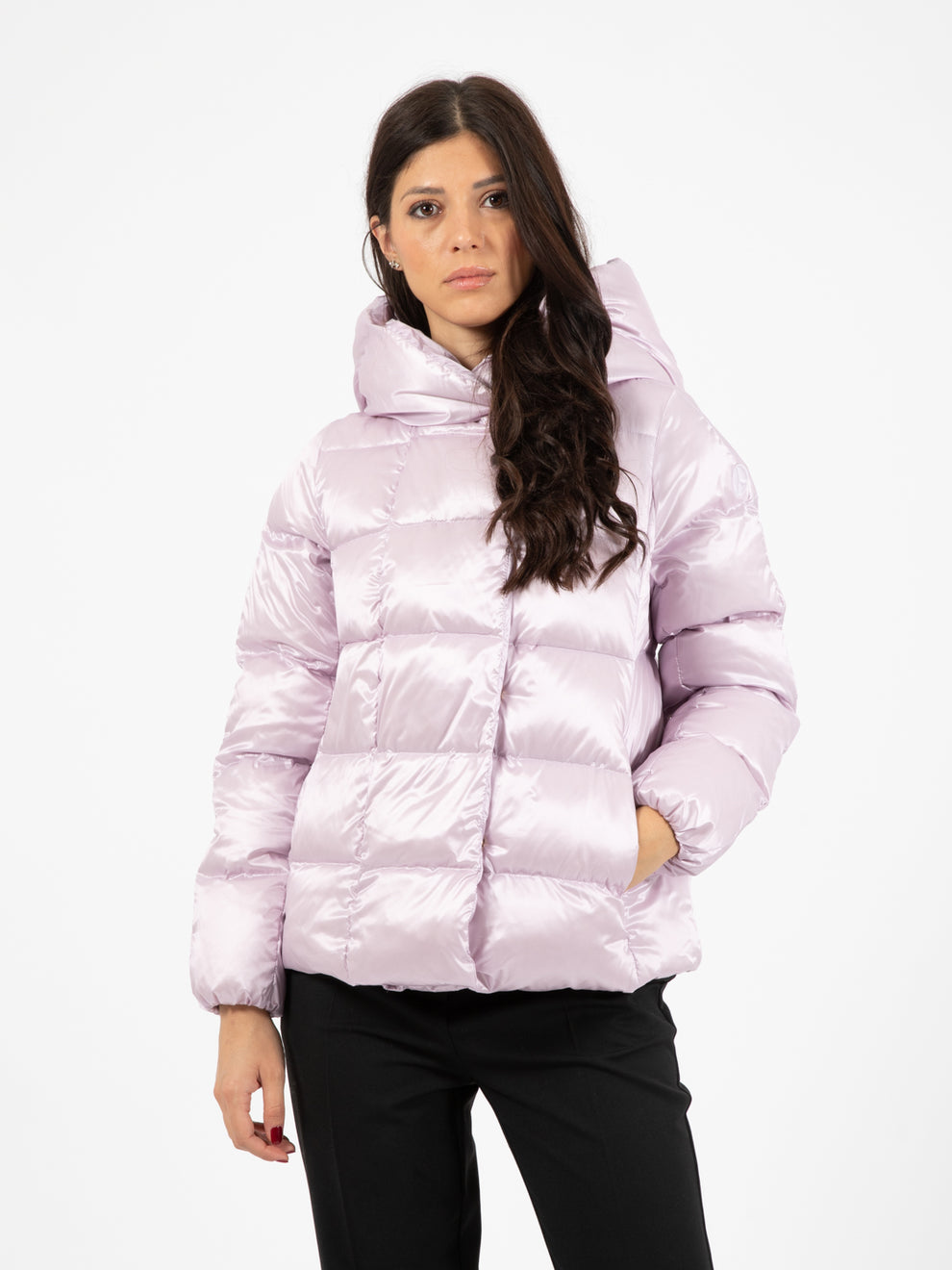 Short down jacket with lilac hood