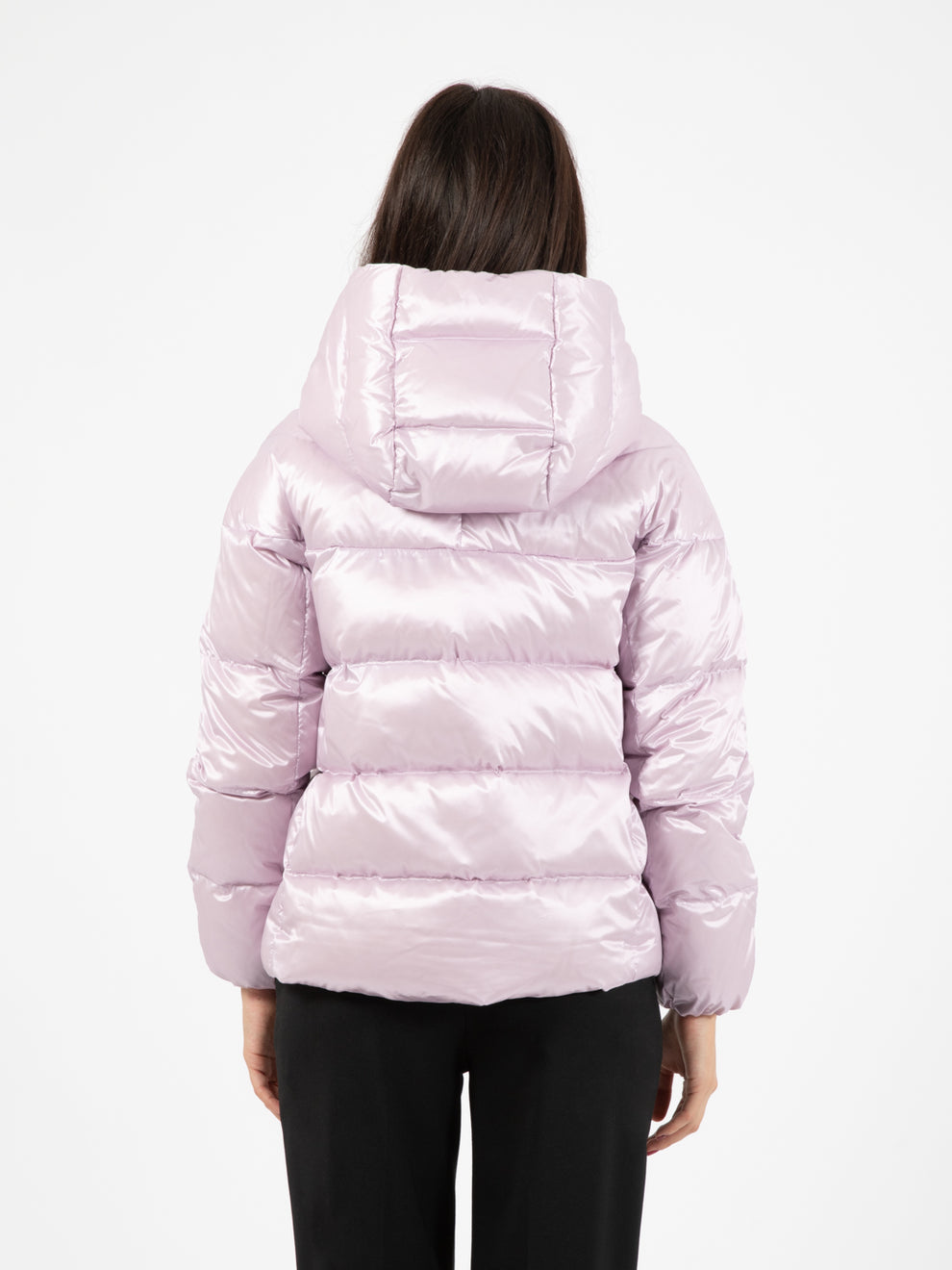 Short down jacket with lilac hood