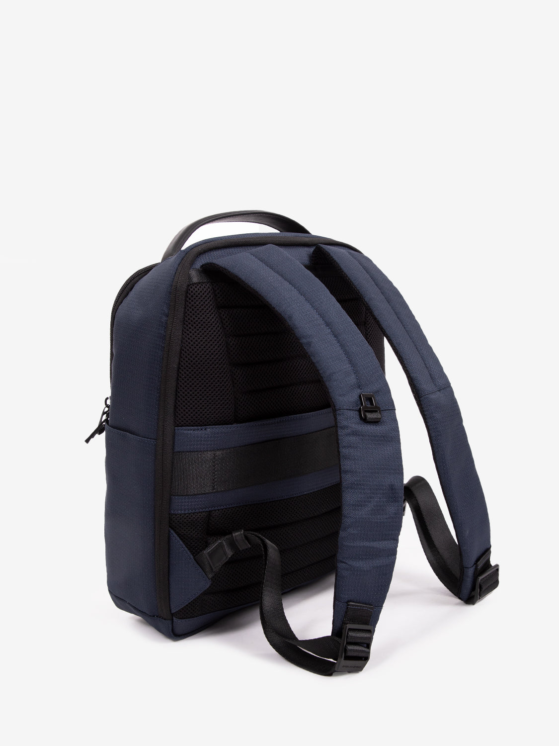14" laptop backpack in blue fabric and leather