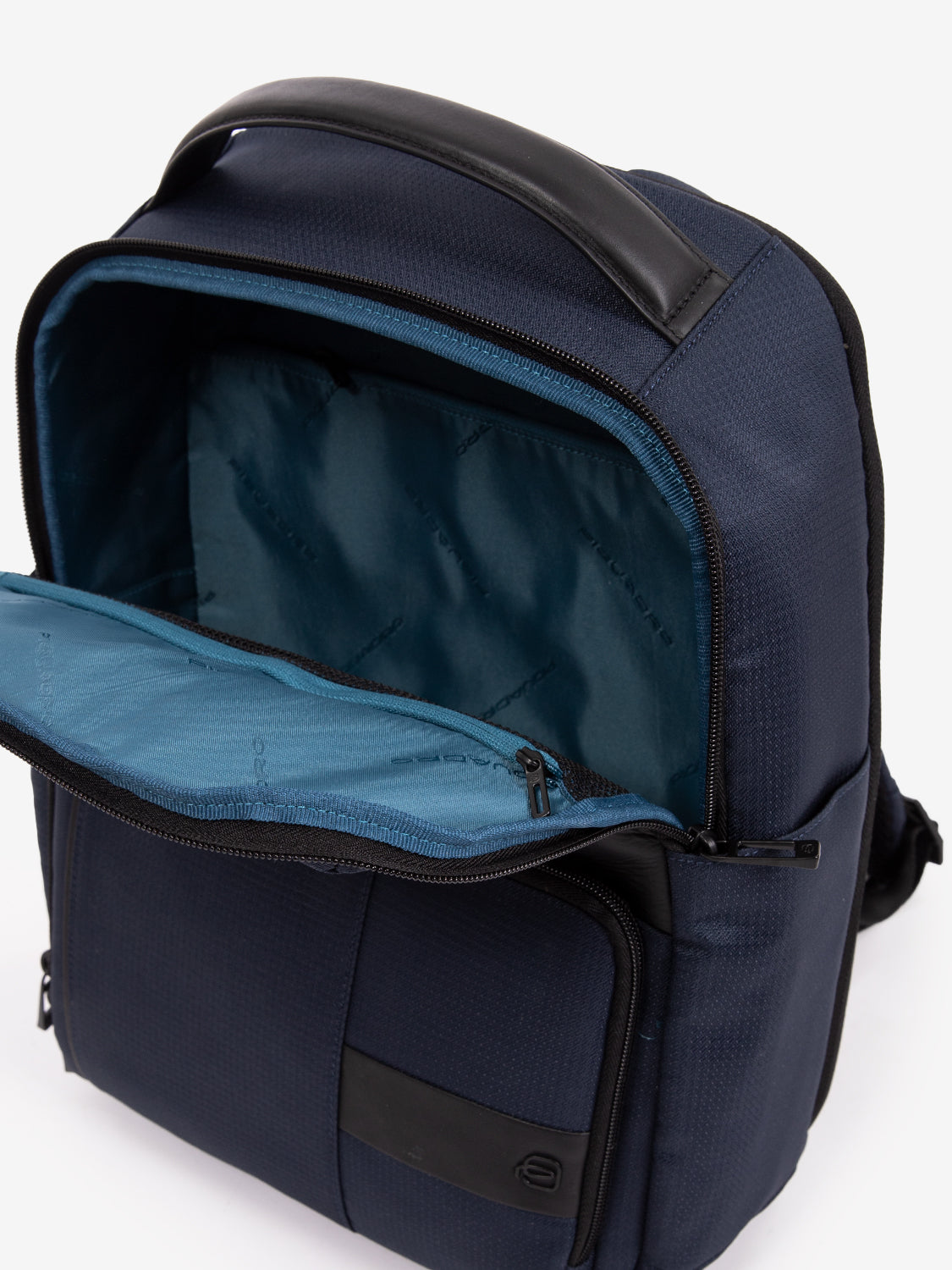 14" laptop backpack in blue fabric and leather