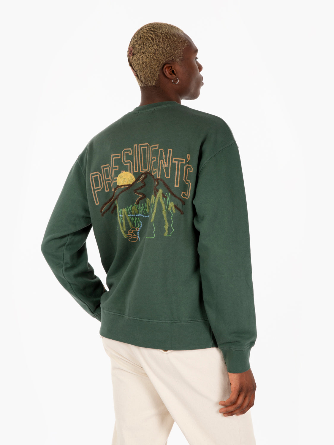 Landscape hand embroidery university green sweatshirt