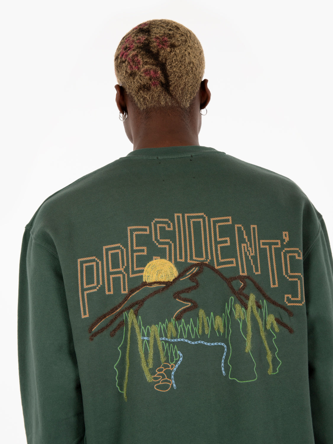 Landscape hand embroidery university green sweatshirt