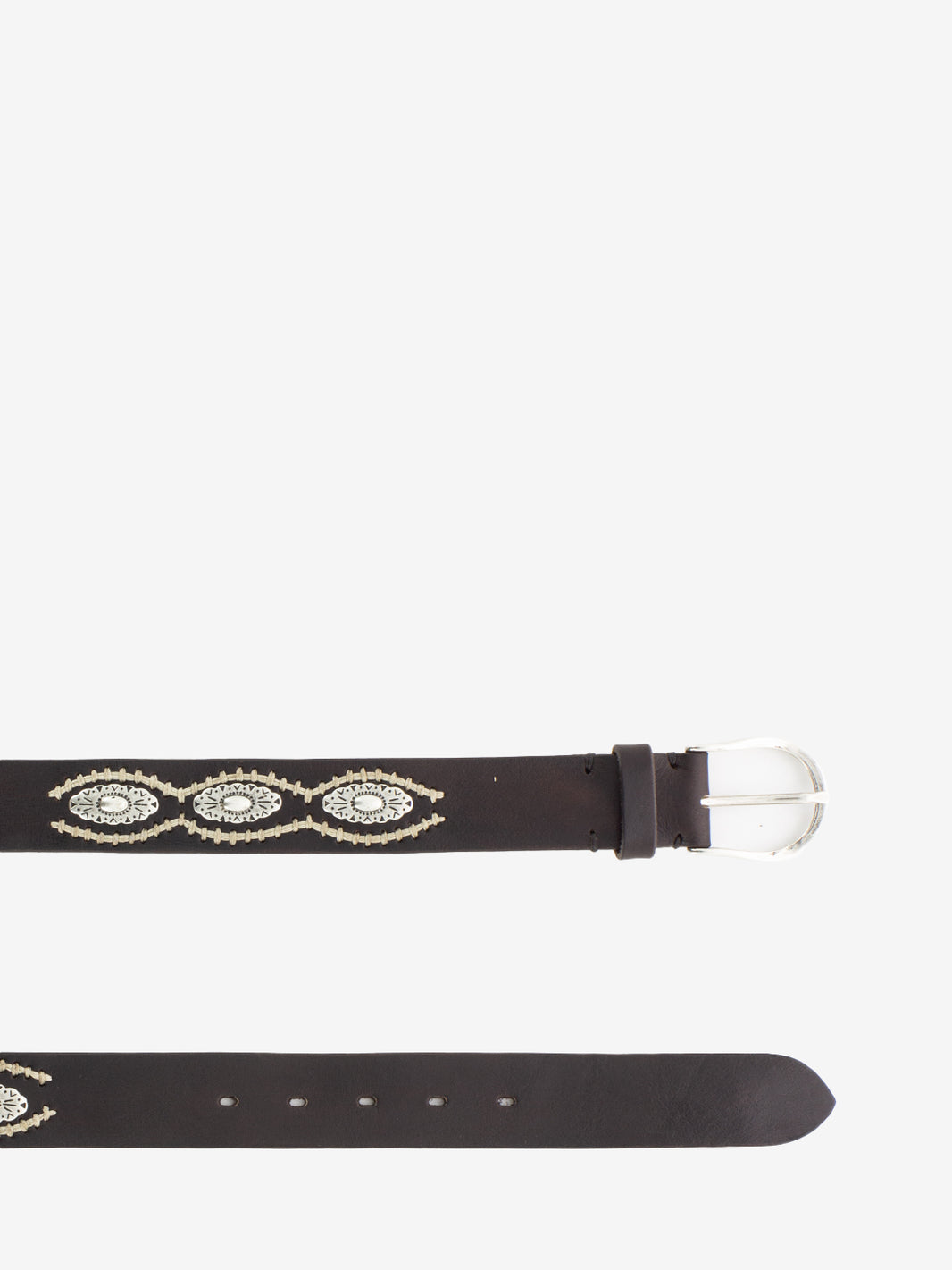 Dark brown leather belt with applications and embroidery