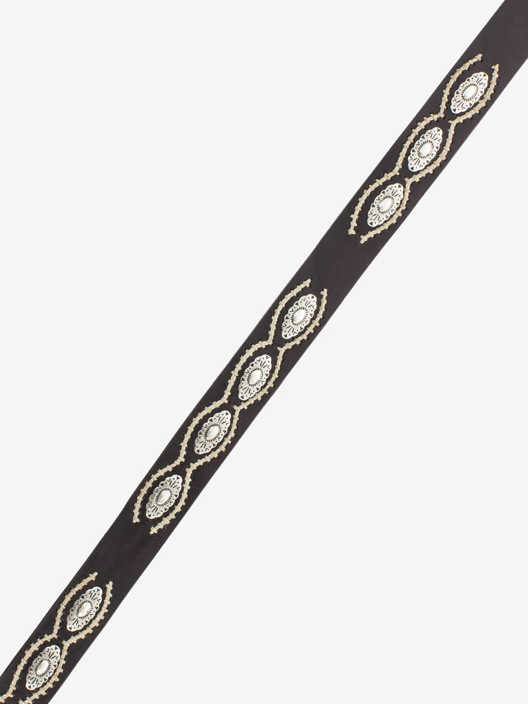 Dark brown leather belt with applications and embroidery