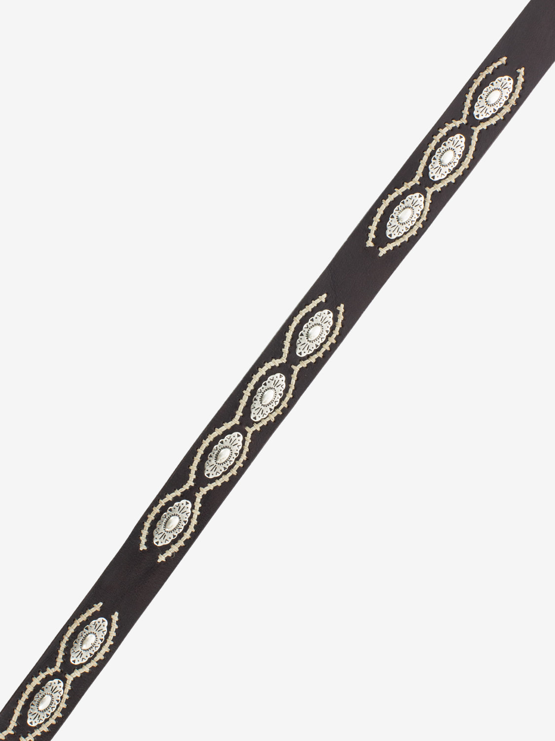 Dark brown leather belt with applications and embroidery