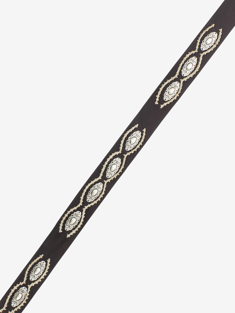 Dark brown leather belt with applications and embroidery