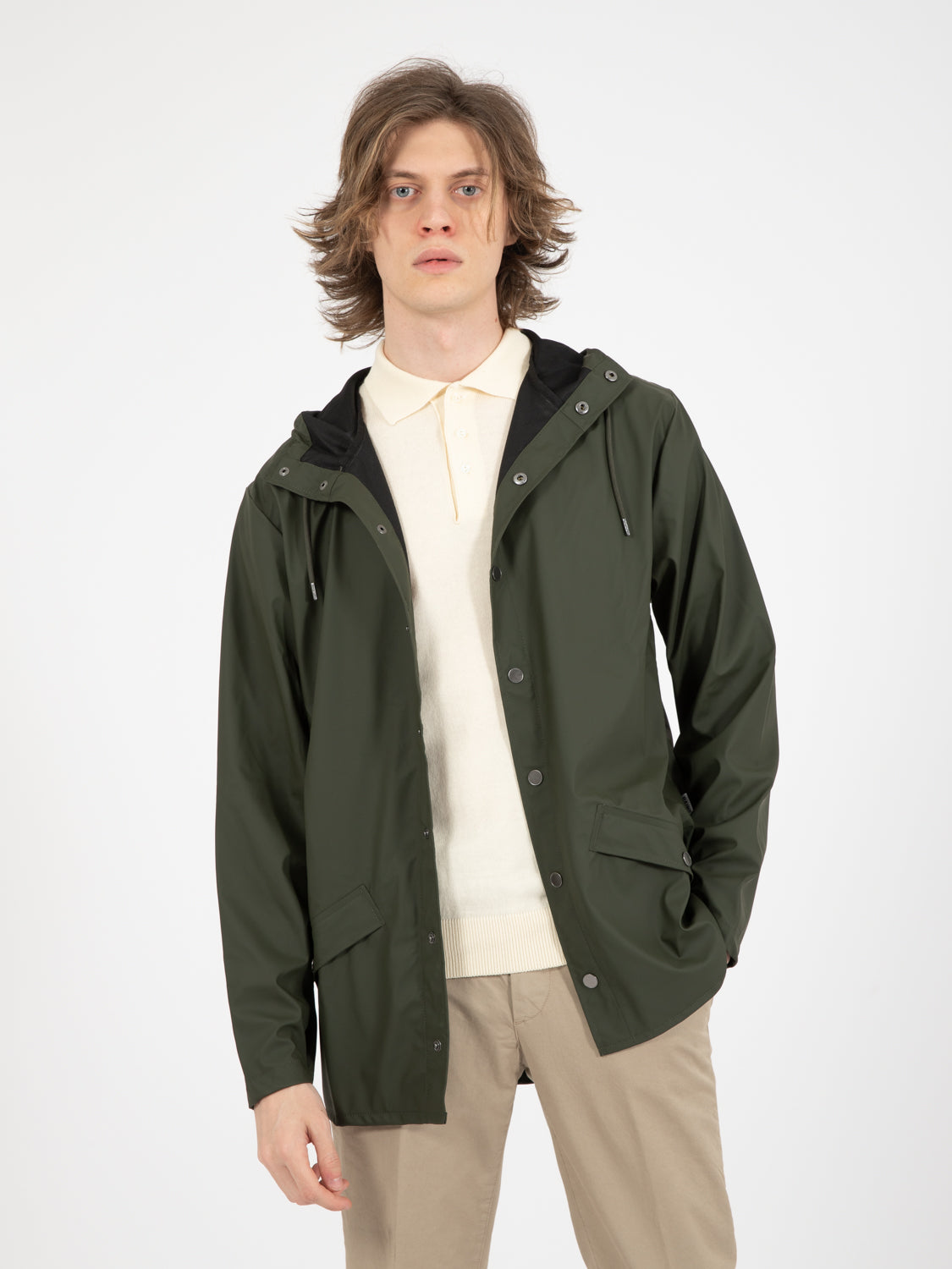 Green hooded rain jacket