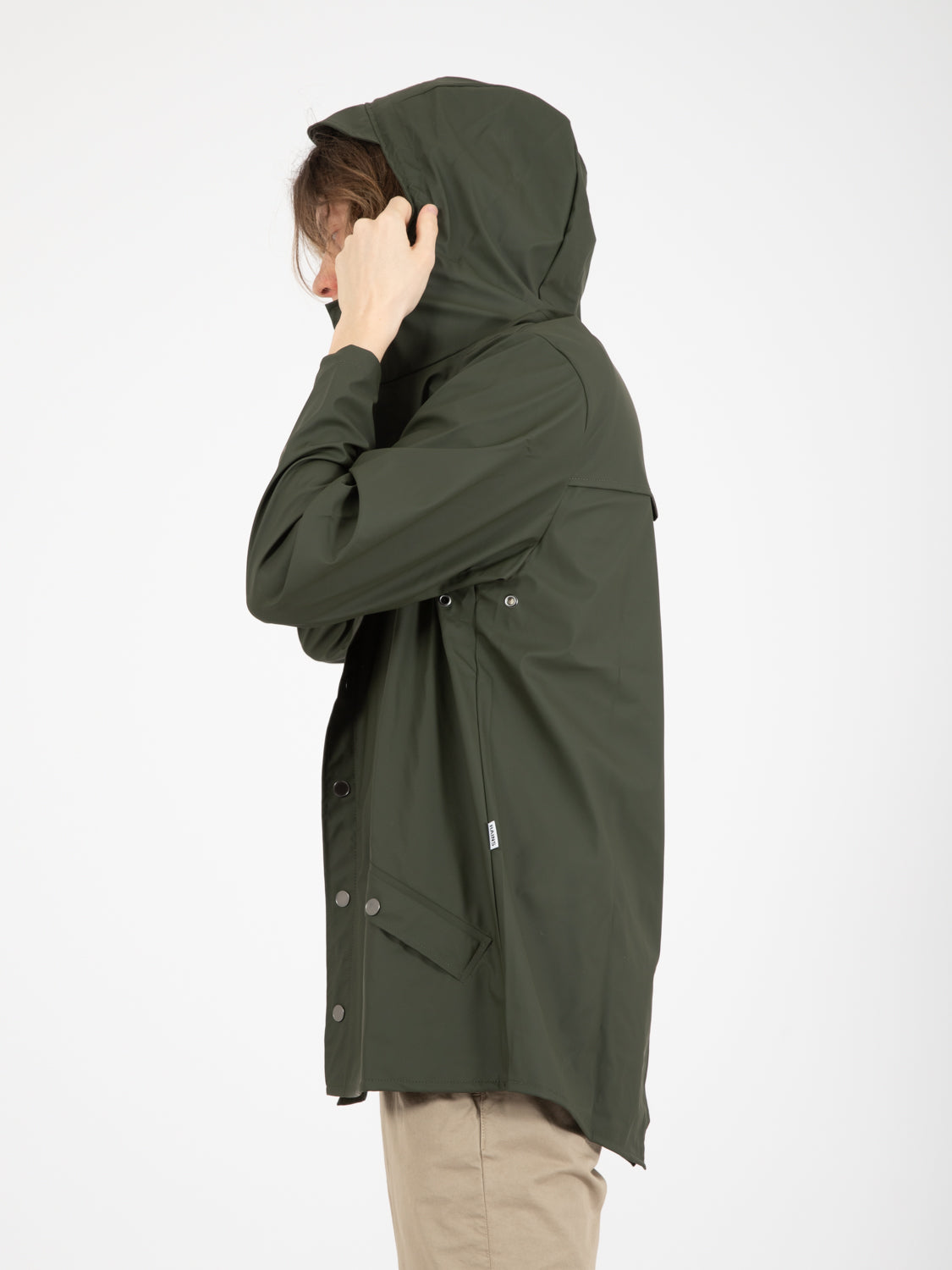 Green hooded rain jacket