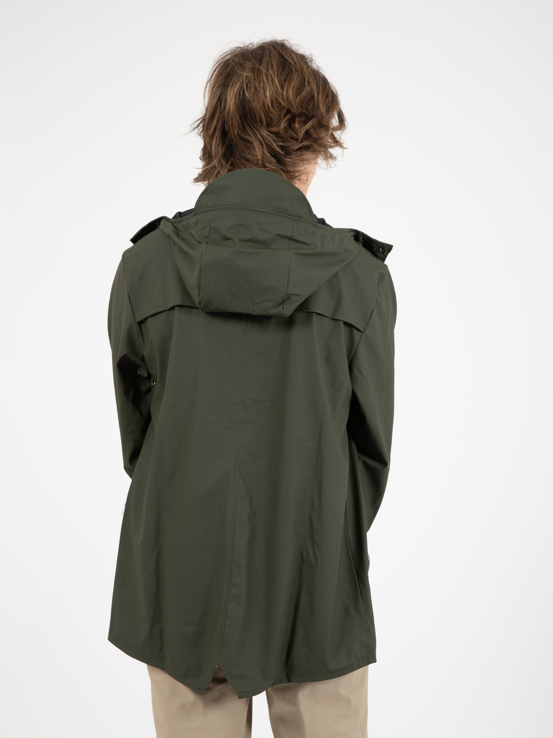 Green hooded rain jacket