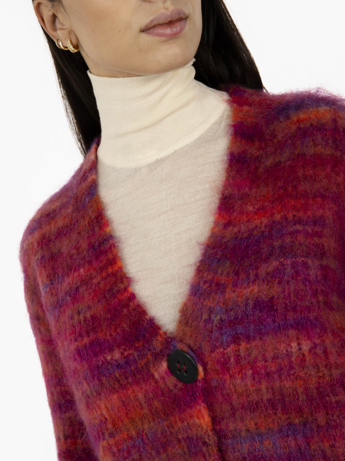 Cardigan in lana merino fuxia / cognac