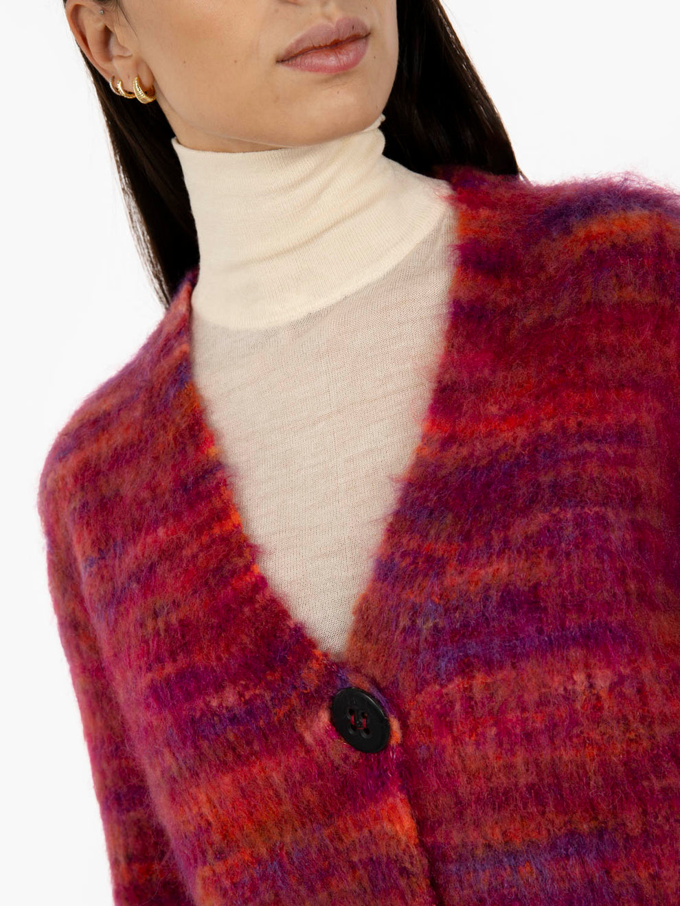 Cardigan in lana merino fuxia / cognac