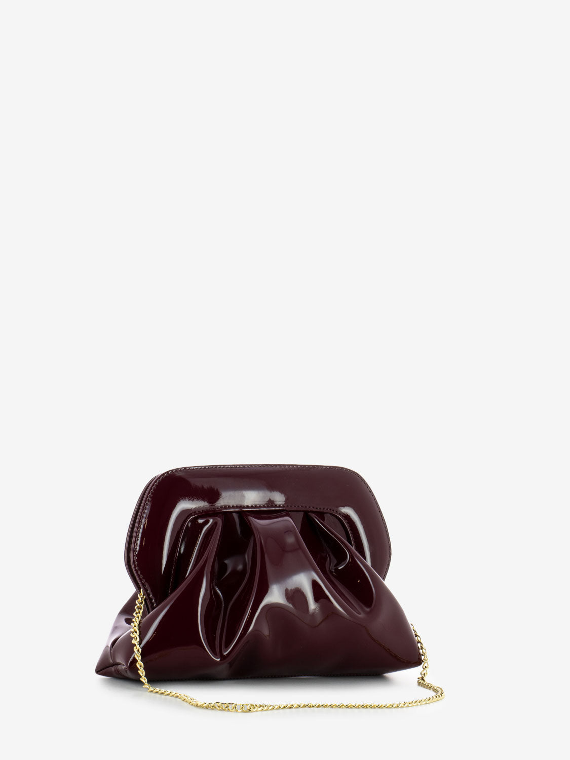 Burgundy patent leather clutch bag with shoulder strap