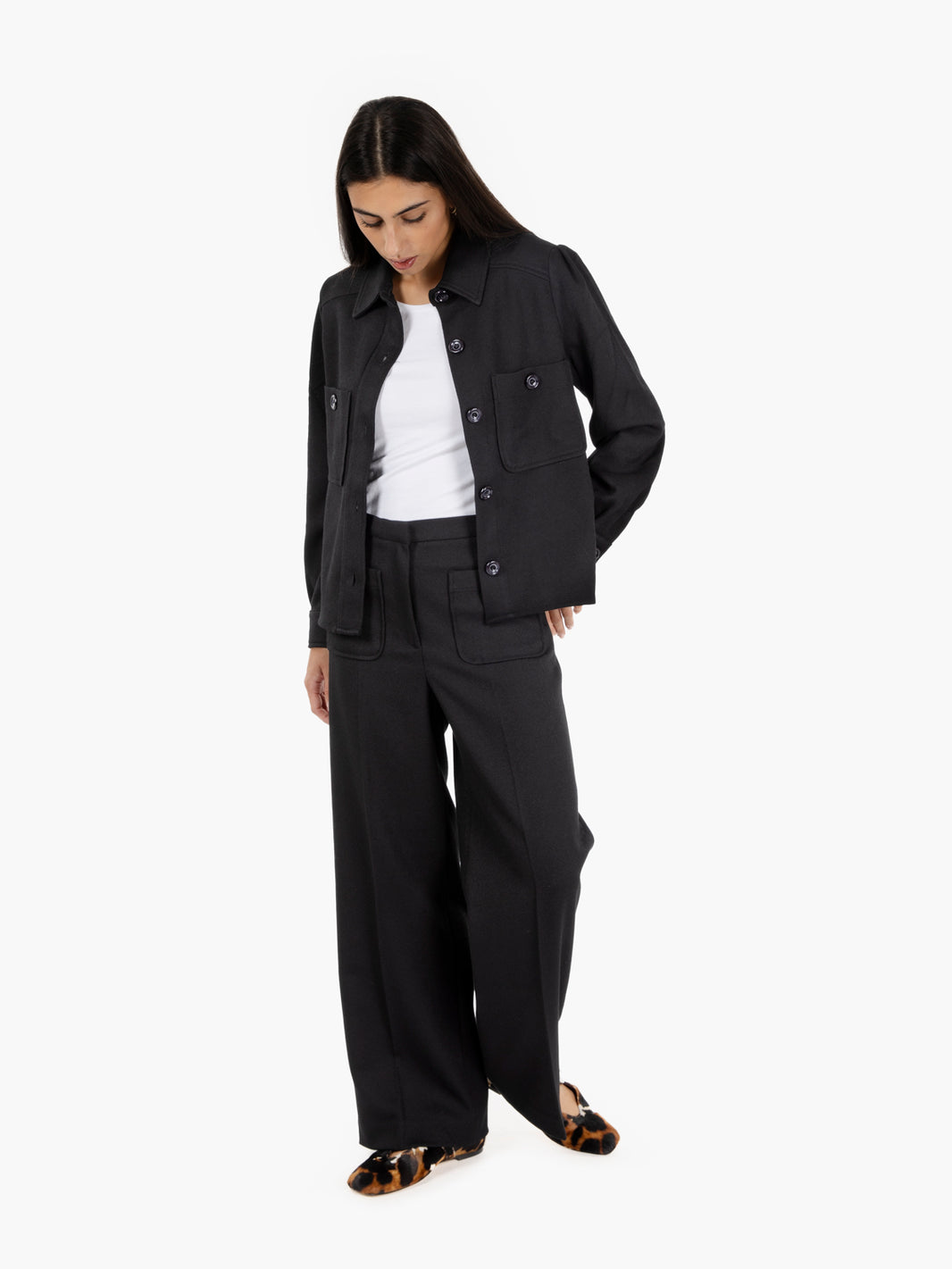 Black straight leg trousers