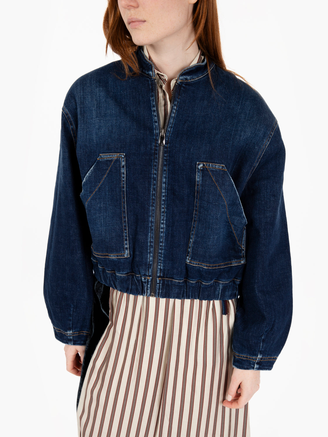 Blue lion cross stretch denim bomber jacket