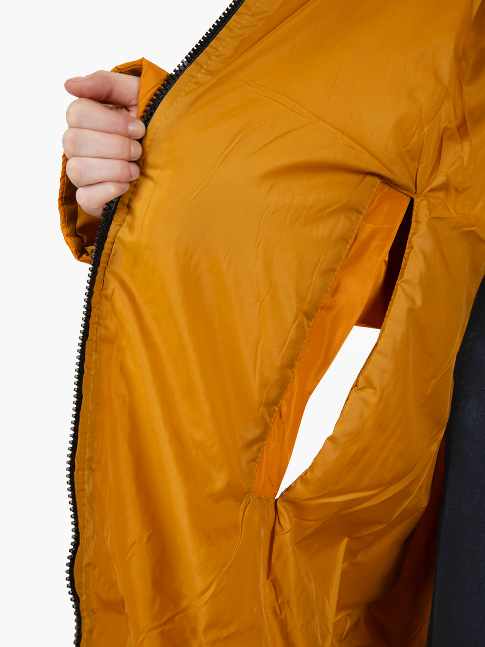 Long down jacket in solid curry color