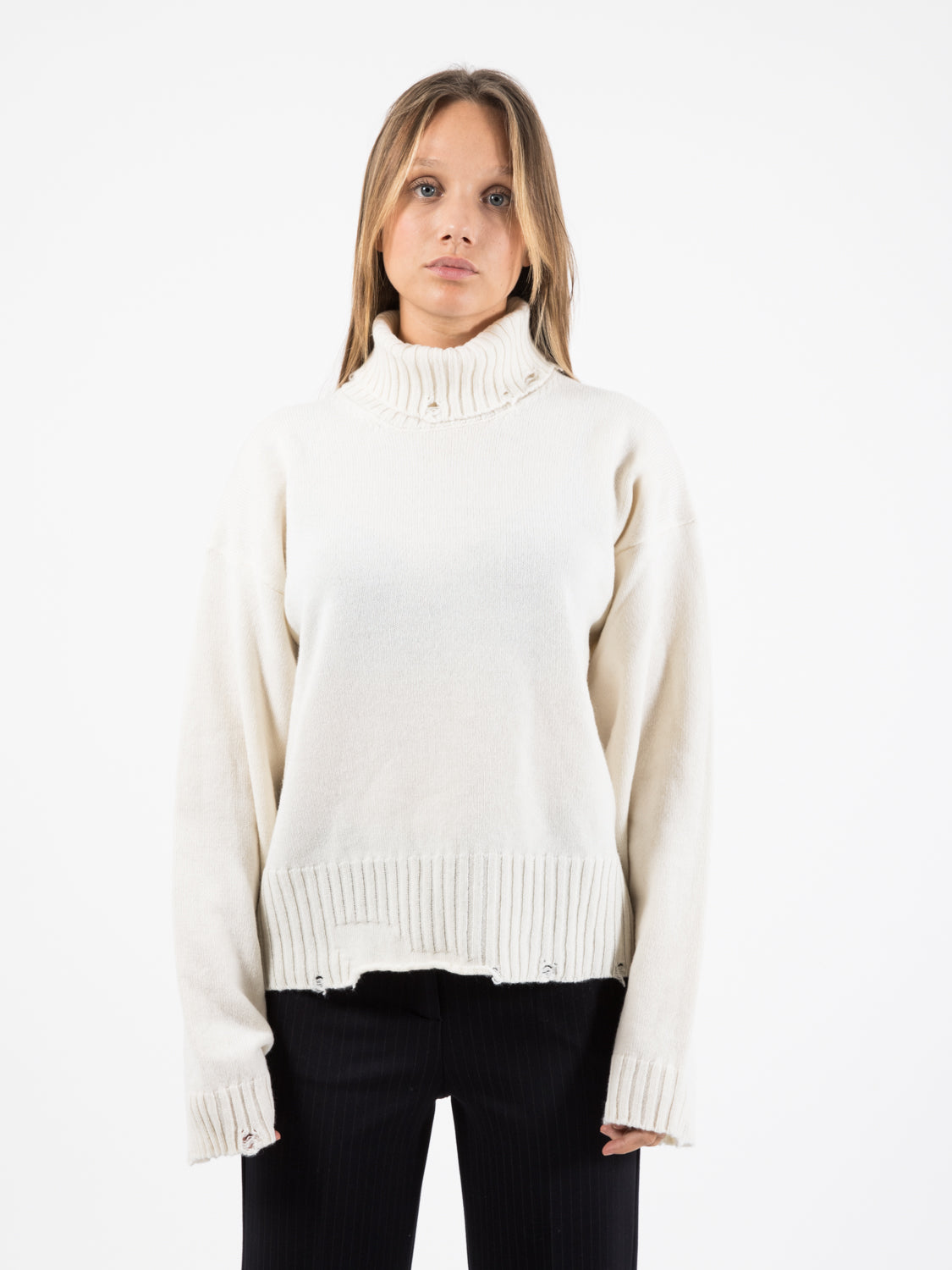 Cream lived-in effect oversized turtleneck