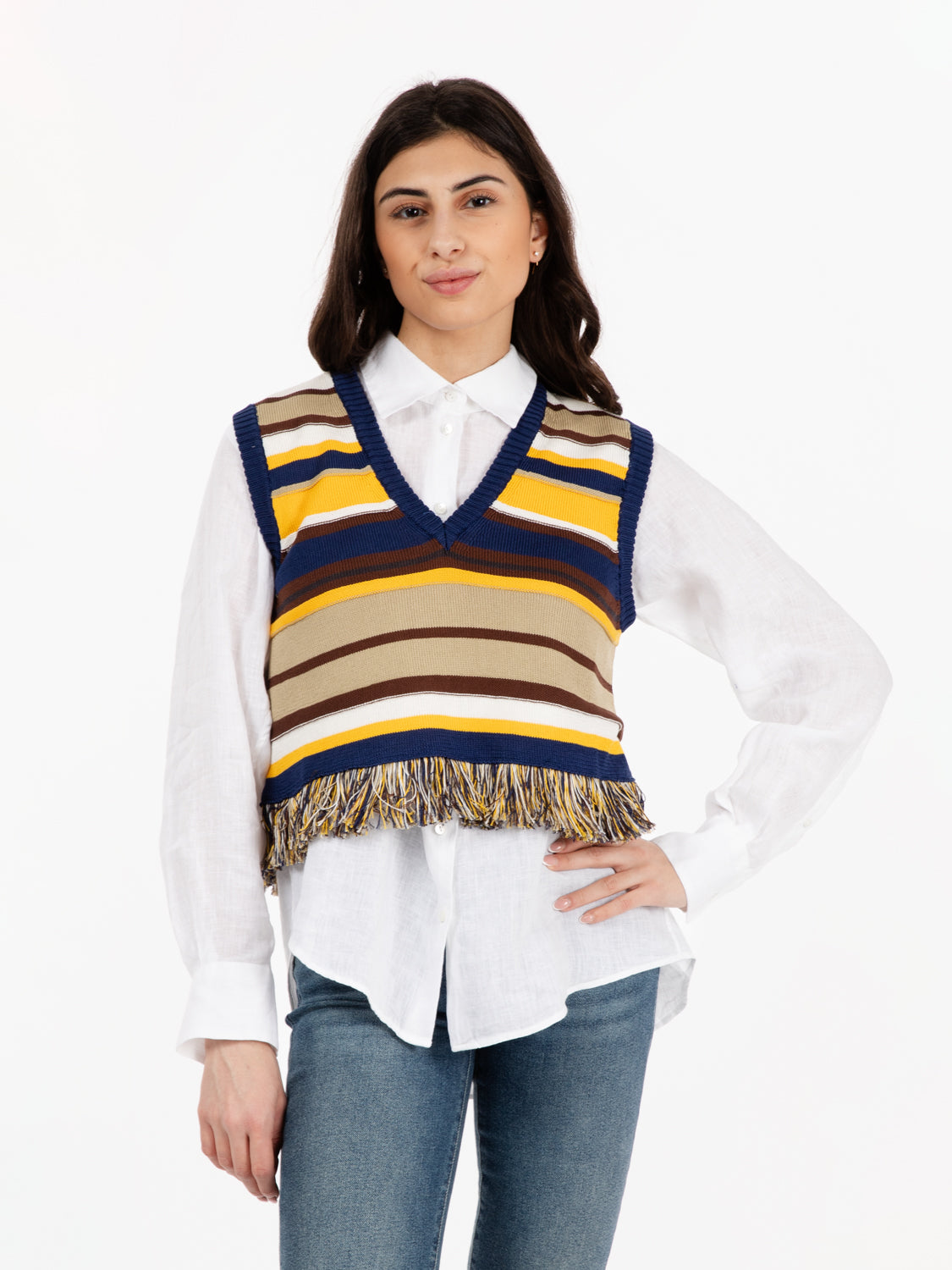 Gilet a righe con frange multicolor