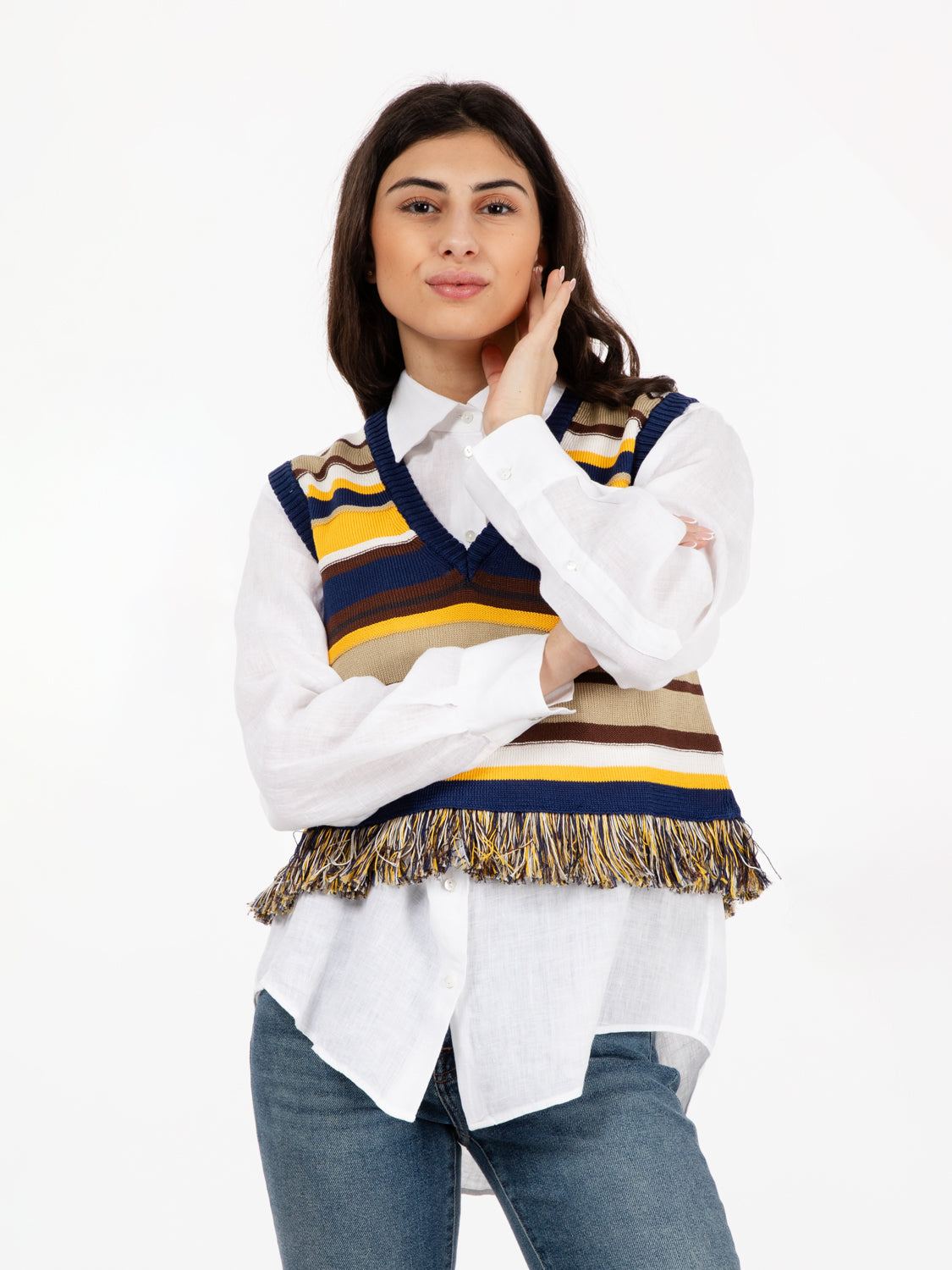 Gilet a righe con frange multicolor