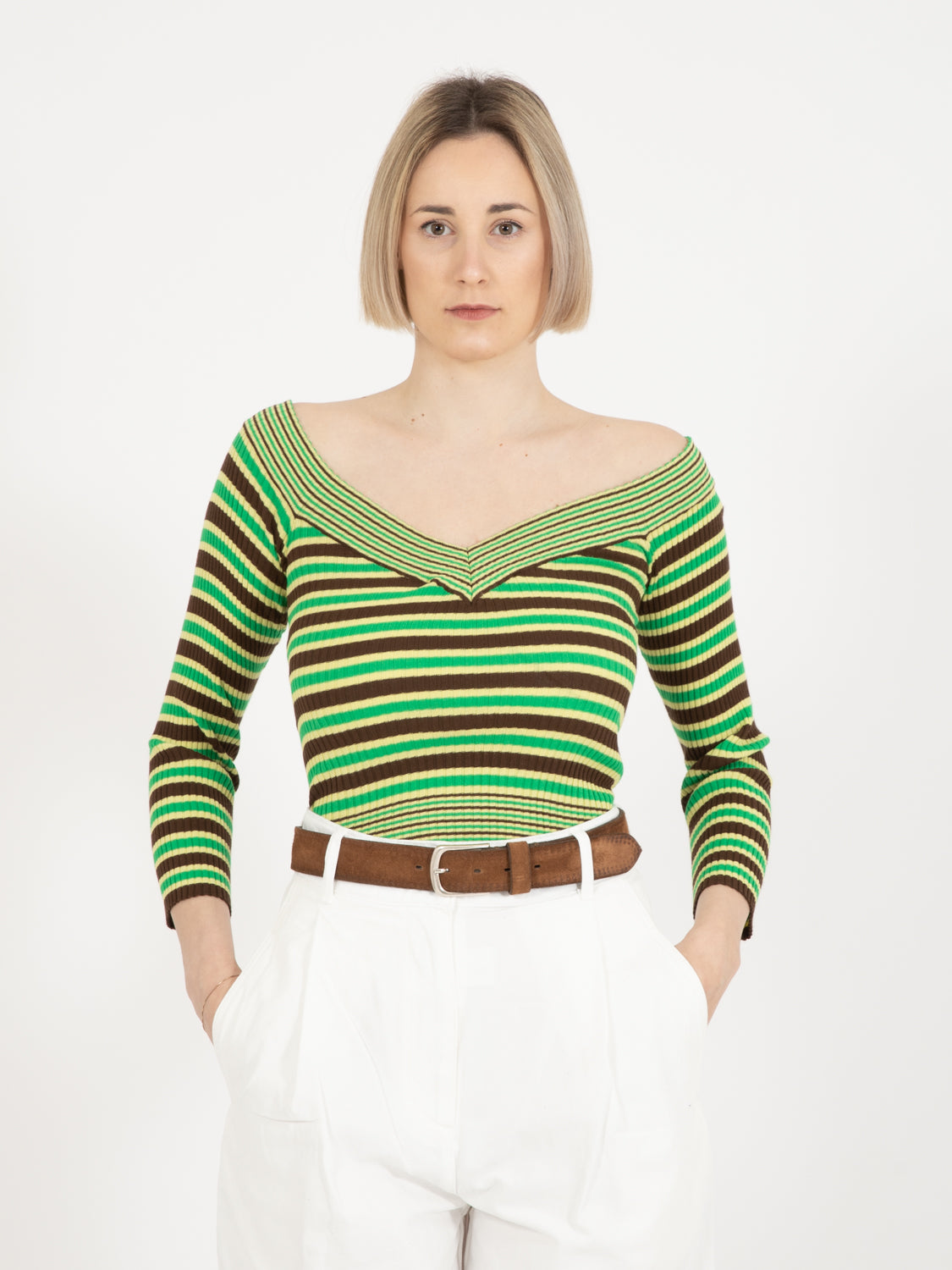 Maglia corta a righe verde / cacao