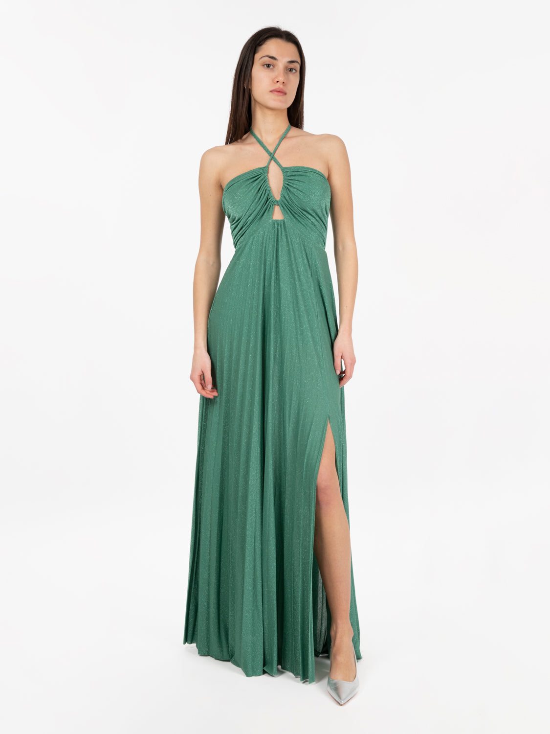 Long lurex pleated eucalyptus dress