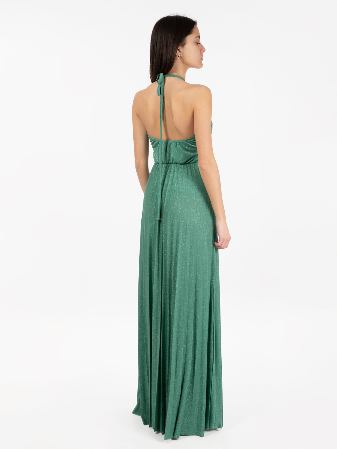 Long lurex pleated eucalyptus dress