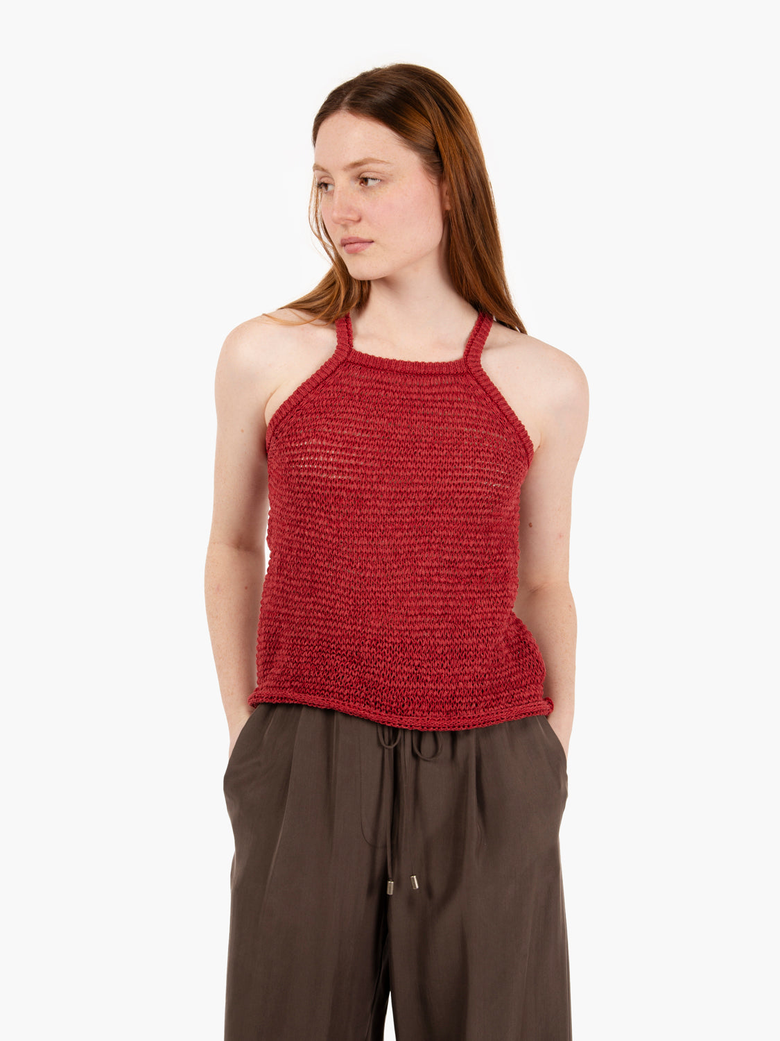 Red laminated macramé tank top