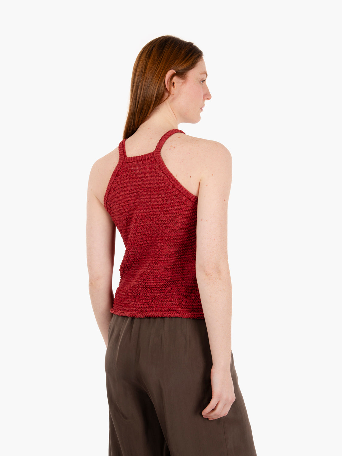 Red laminated macramé tank top