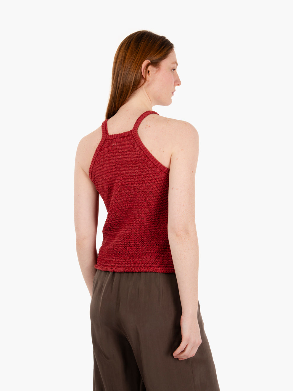 Red laminated macramé tank top