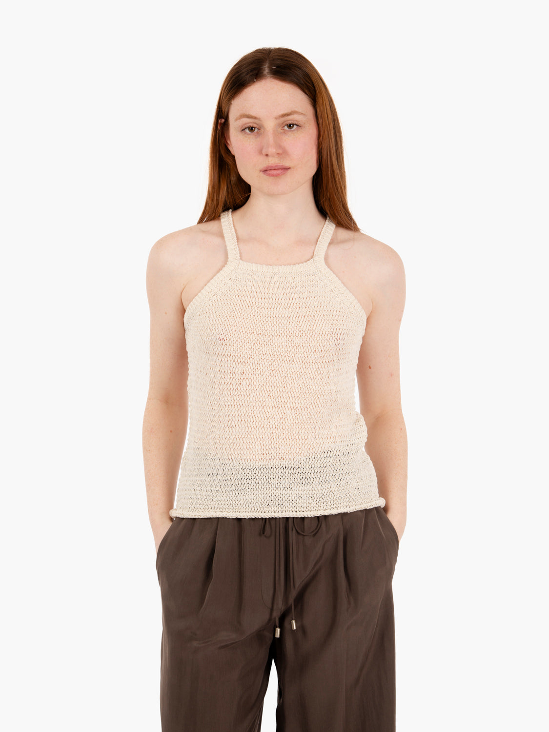 Cream laminated macramé tank top