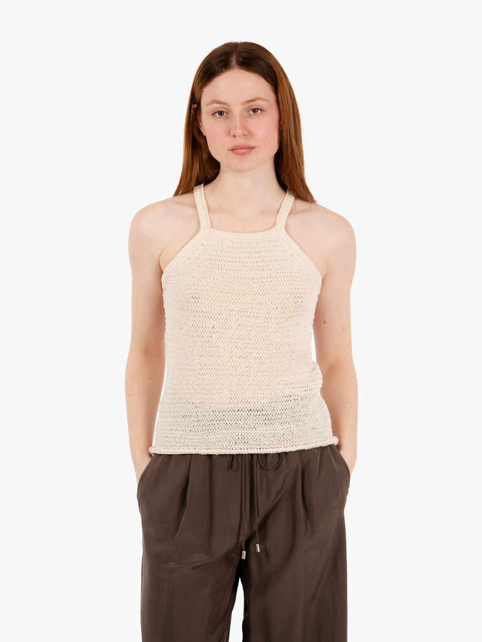 Cream laminated macramé tank top