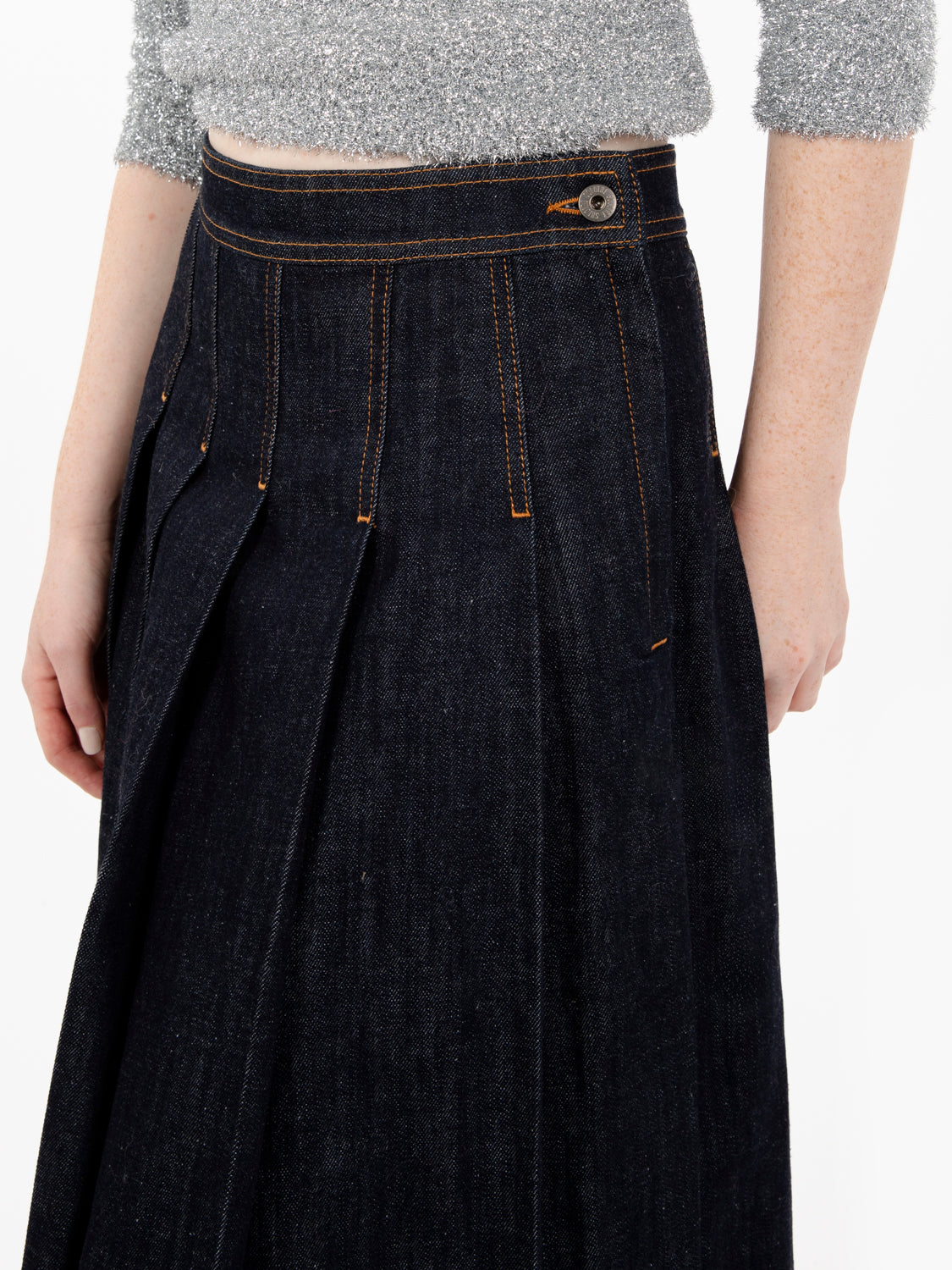 Blue denim pleated long skirt