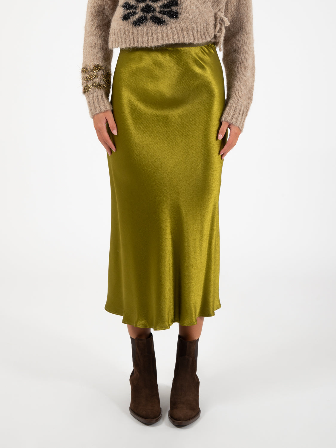 Olive Viscose Satin Midi Skirt