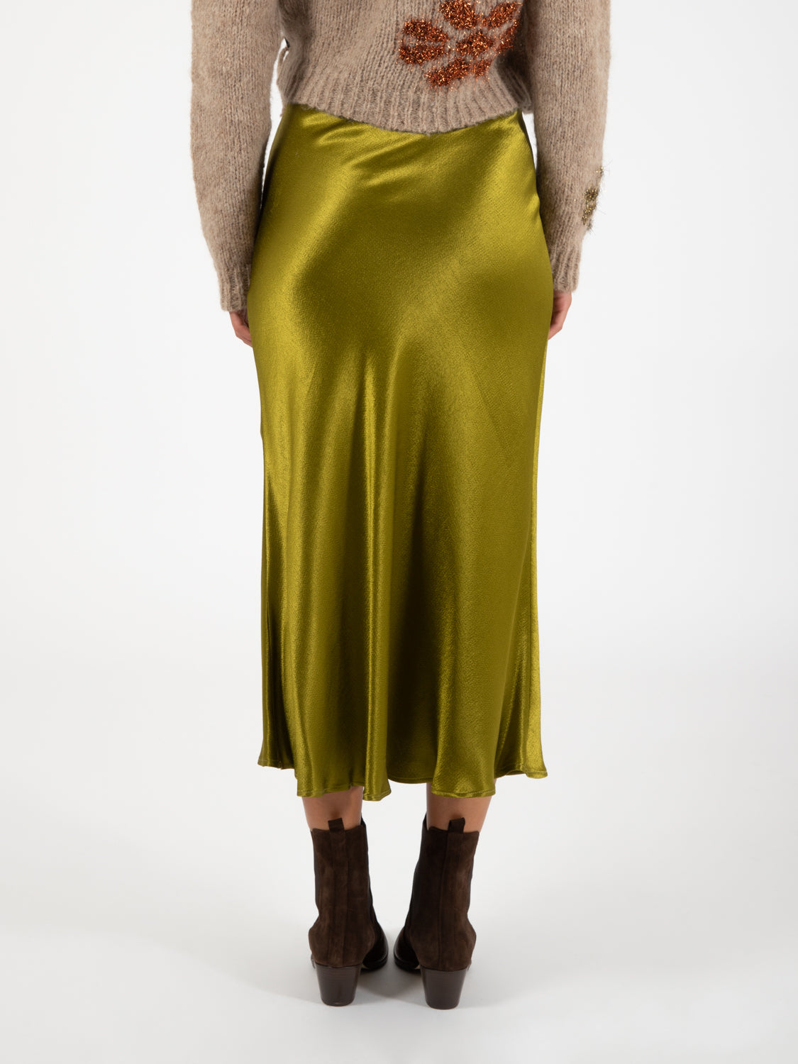 Olive Viscose Satin Midi Skirt
