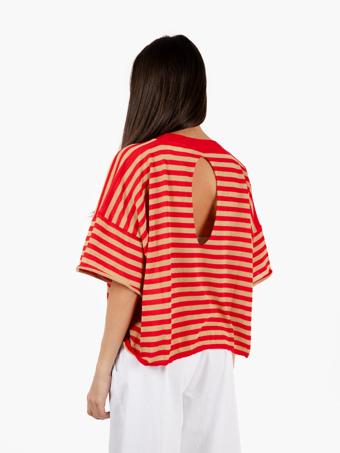 Maglia crop a righe beige / rosso