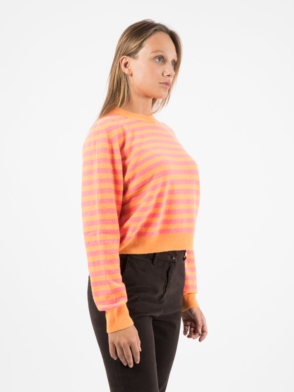 Maglione girocollo a righe orange / fuxia fluo