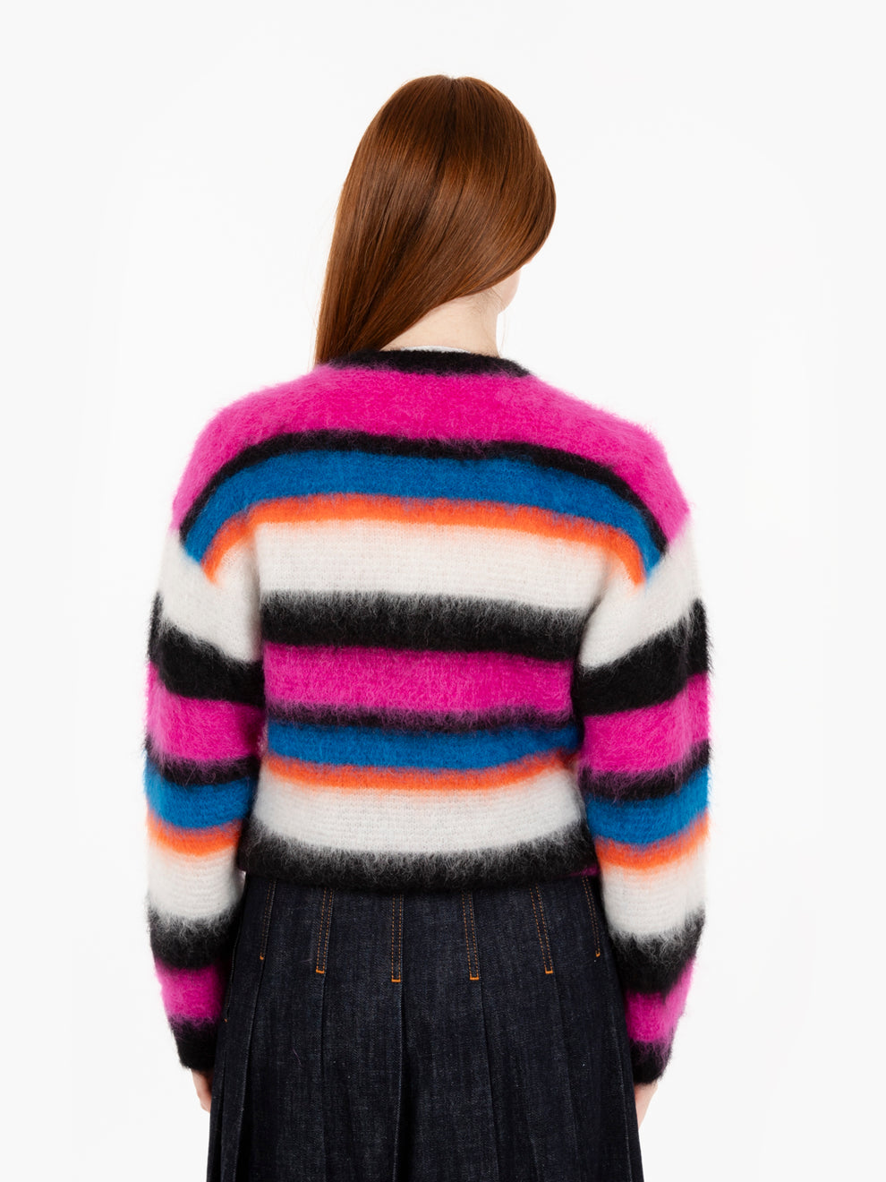 Maglione in misto mohair a righe blu / arancio / fuxia