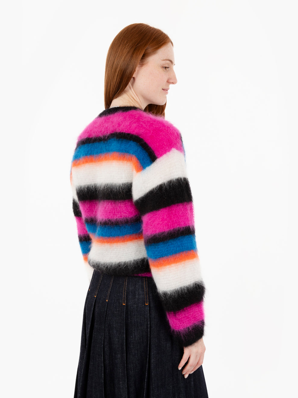 Maglione in misto mohair a righe blu / arancio / fuxia